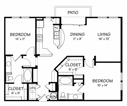 Floor plan for 2 beds, 2 baths, 1202 sqft